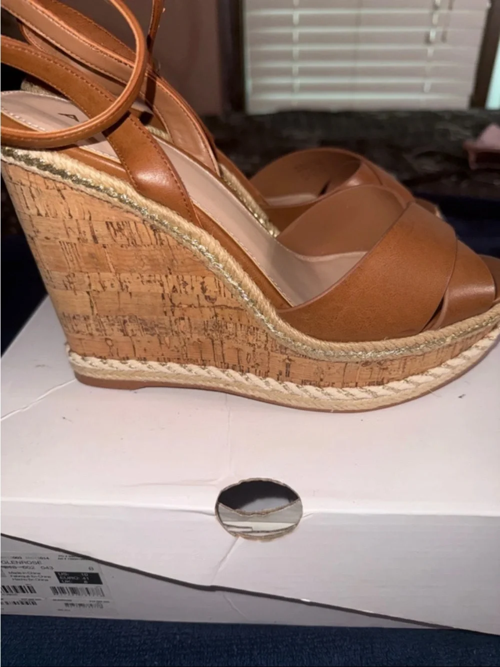 ALDO Tan Leather Crisscross Ankle-Strap Wedge Sandals